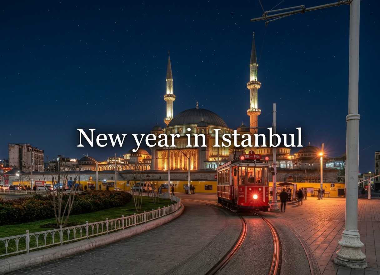 Festive night view of the Blue Mosque and the nostalgic red tram in Istanbul, featuring the text 'New year in Istanbul.